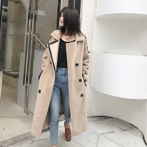 Beige Tcyeek пальто из натурального меха, Женская длинная винтажная куртка для стрижки овец, женская одежда, корейское элегантное пальто, меховые Топы Hiver 0003 - Цвет: Beige