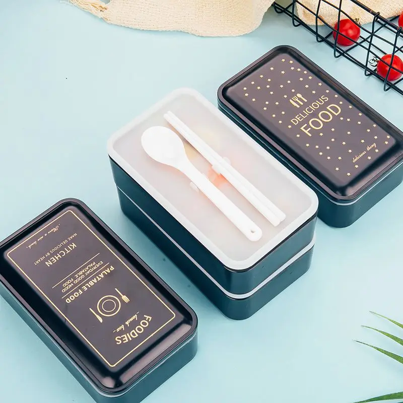 

Lunch Box INS Nordic Style Black Print With Cutlery Can Microwavable Plastic FOOD Double Rectangular Student Adult Lunch Box