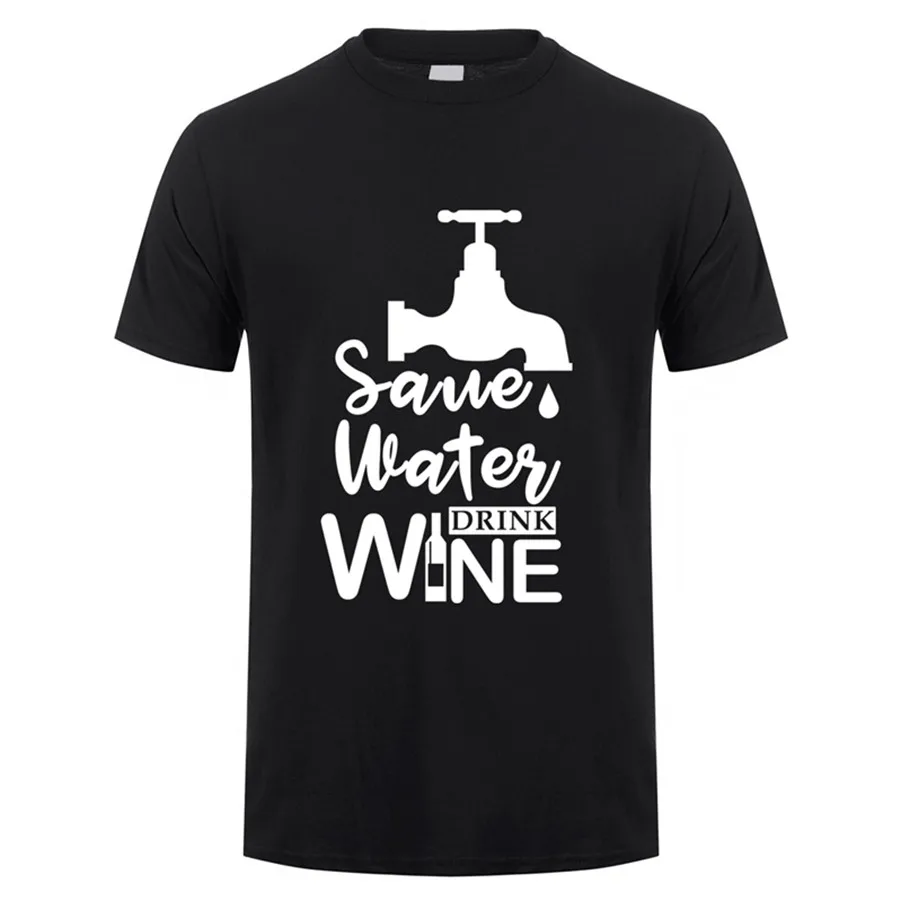 

Летняя мужская футболка с коротким рукавом и надписью «Save Water Drink Wine»