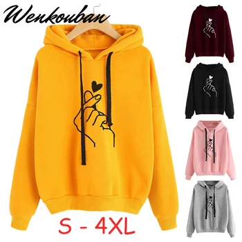 

Casual Kpop Sweatshirts Women Hoodies Long Sleeve Female Pullovers Finger Heart Love Pattern Hooded Fashion Drawstring Plus Size