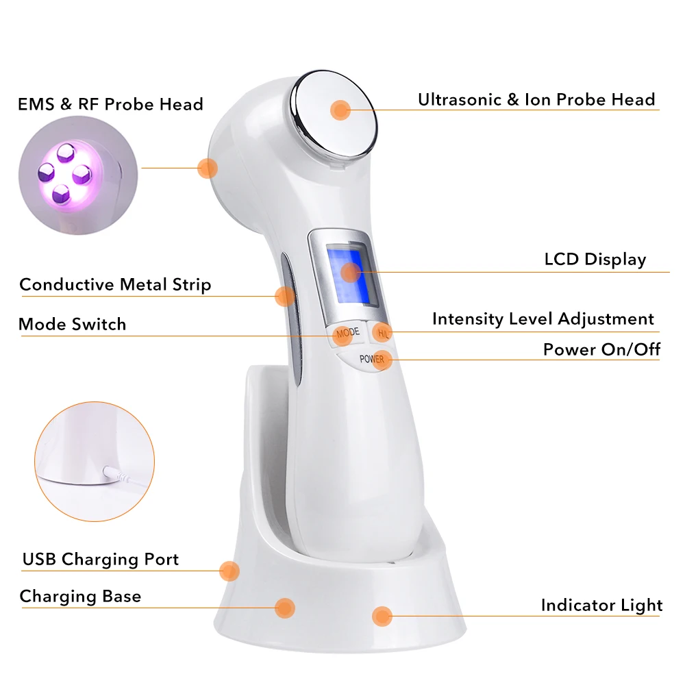  6 in 1 Face Photon RF Radio Frequency EMS Mesotherapy Led Light Therapy Microcurrent Ultrasonic Vib - 4000329985516