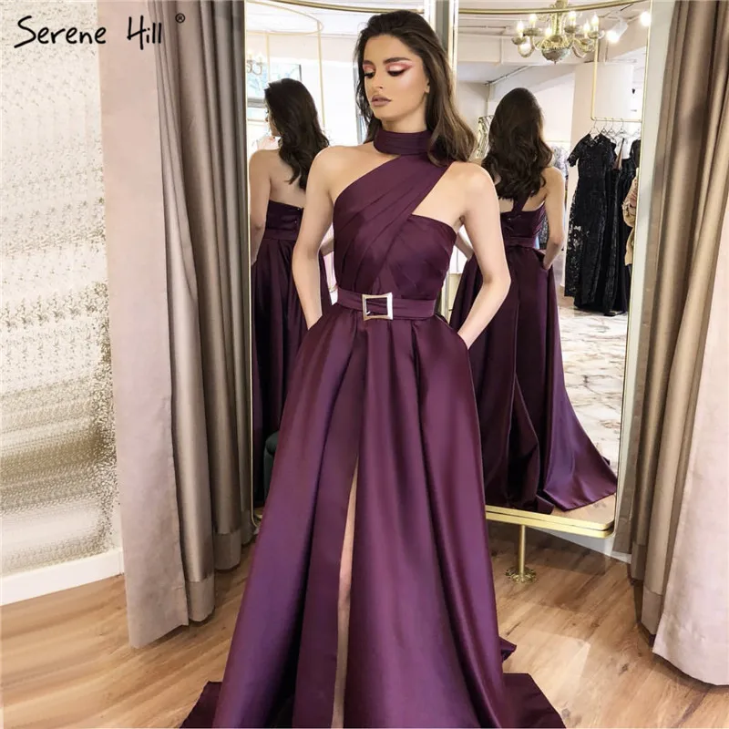 purple Фиолетовые сексуальные Сатиновые Вечерние платья на одно плечо, Простые Вечерние платья с высоким воротом и рюшами, Длинные вечерние платья Serene Хилл LA70216 - Цвет: purple