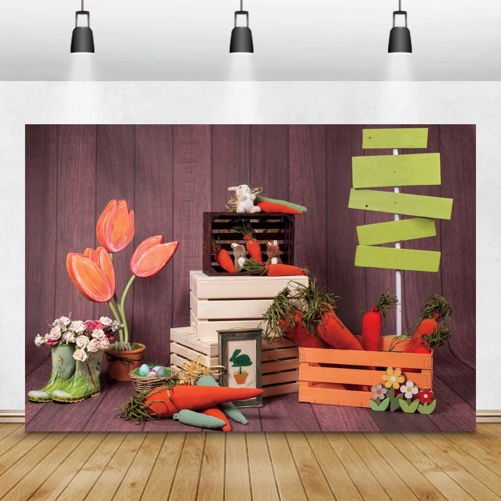 

Wood Wall Spring Flowers Easter Eggs Rabbit Photography Backdrop Sign Road Board Baby Easter Party Photo Background Photo Studio