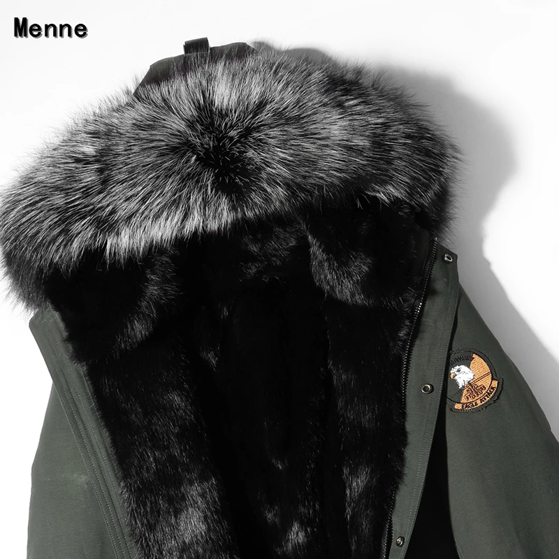 Abrigo largo y mediano de invierno para hombre, cuello de zorro plateado desmontable