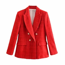 Za autumn women fashion coat Double Breasted Notched Collar Suits jacket Long Sleeve Textured Outerwear tweed lady 2021 Blazer