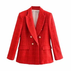 Za outono casaco feminino fashion jaqueta dupla abotoadura com gola entalhada jaqueta manga comprida texturizada roupa externa para mulheres 2021 blazer