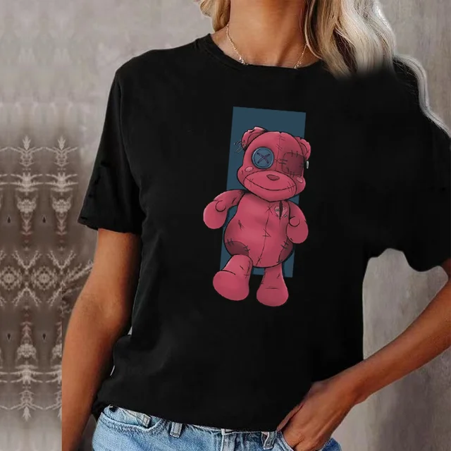 Fashion Bear Print Women T-Shirt Harajuku Round Neck Casual Loose Short Sleeve Summer Slim Soft Tops Clothing Hip Hop Streetwear 3bear022