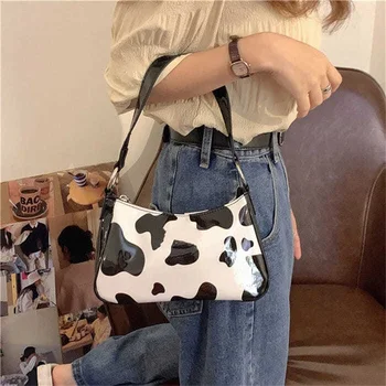 

Women Hand Bag Cute Mini PU Cow Pattern Baguette Spot Zipper Travel Bag Underarm Handbags 2020 Fashion Shoulder Bag for Women