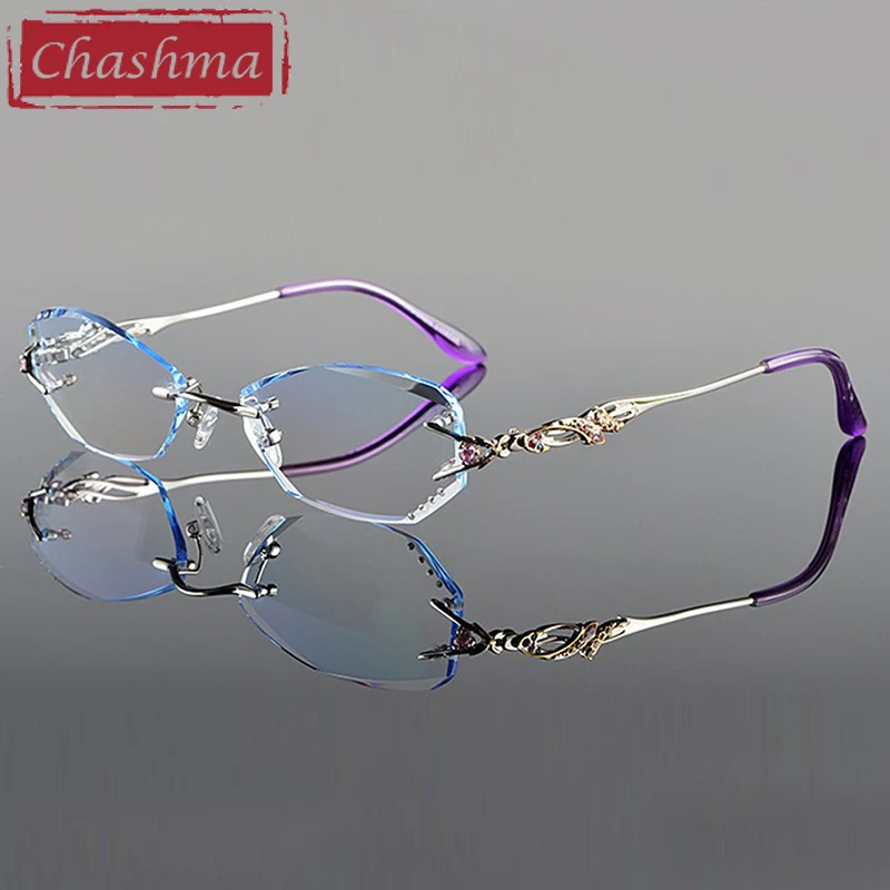 Women Myopia Reading Glasses with Diamond Cutting Rimless Titanium Frame