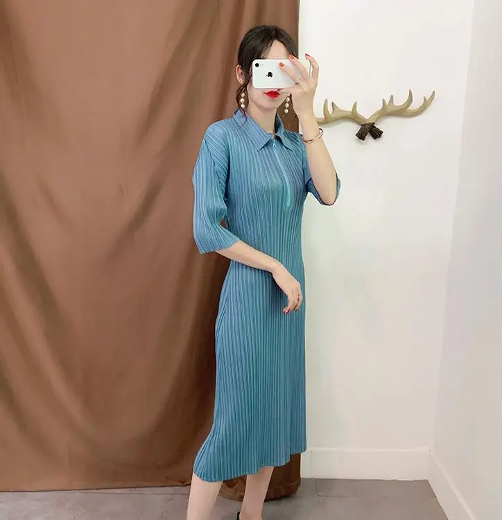 Miyake/плиссированное платье; Новинка осени; костюм с рукавом в семь точек; плиссированное платье с воротником; женская одежда для похудения;