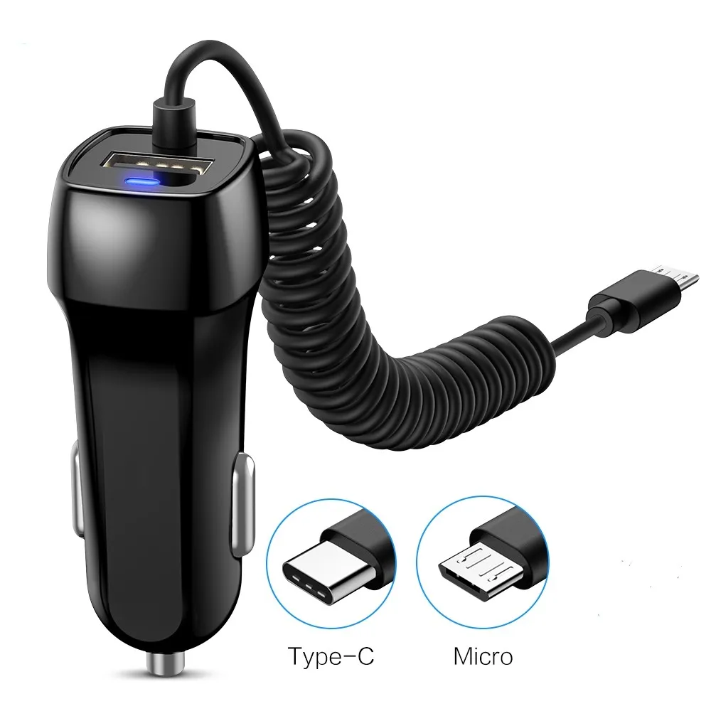 

2 in 1 USB Car Charger With Cable For Samsung S10 S9 Type C Micro USB Cable Fast Car-Charger For Xiaomi Huawei Phone Charger