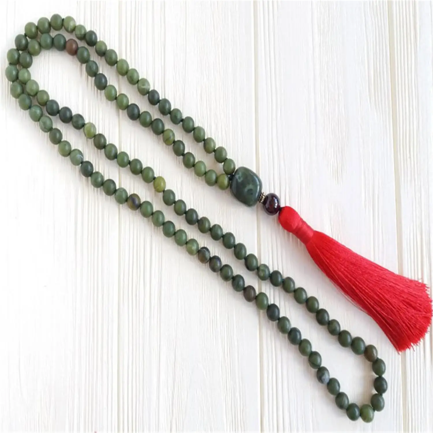 8mm Green Stone 108 Beads Handmade Tassel Necklace Yoga Mala Spirituality Chakra Prayer Japa Spiritua