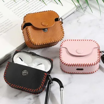 

For AirPods Pro Case Handmade Genuine Leather Case Shockproof Cover with Anti-lost Buckle for AirPods 3 Charging Box