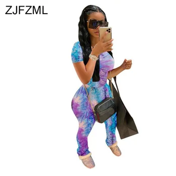 

Summer Two Piece Club Outfits Womens's Costumes Colorful Tie Dye Print Bandage T Shirt And Ruched Trousers Casual Matching Sets