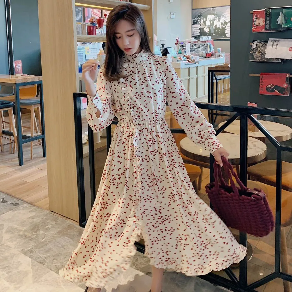 

Photo Shoot INS Sweet Light Beige Heart Polka Dot Stand Collar Bow Lace-up A- line Big Hemline Slit Dress Women's OL