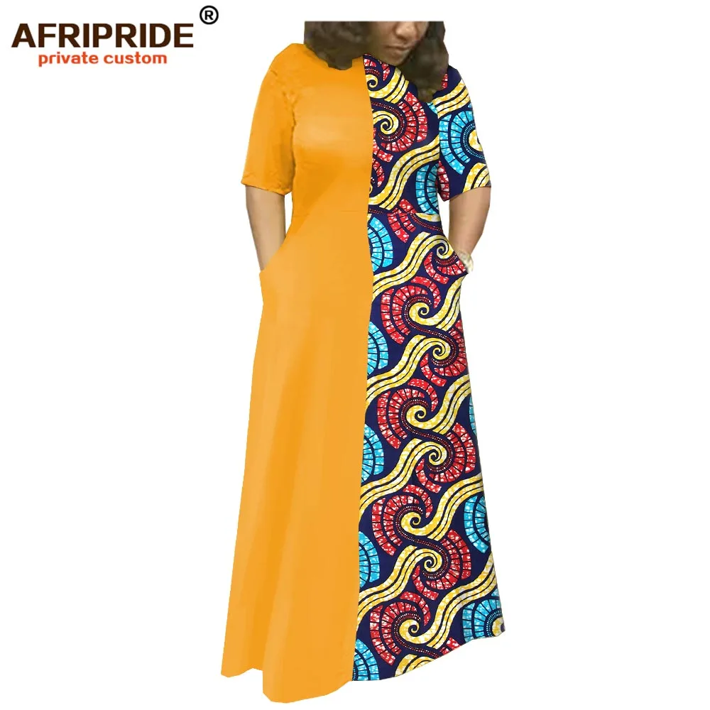 Африканские платья с принтами для женщин AFRIPRIDE, изготовленные на заказ, короткие рукава, длина до пола, для женщин, Хлопковое платье A1925039