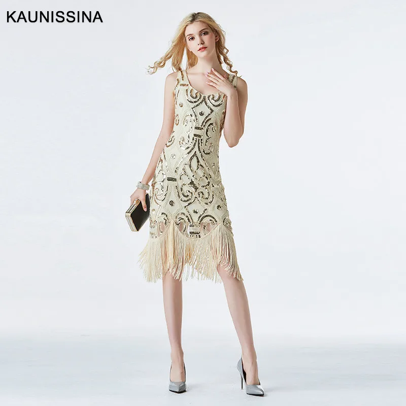 KAUNISSINA коктейльное платье с блестками, сексуальное, с кисточками, v-образным вырезом, вечерний для выпускного, без рукавов, Золотое платье для выпускного вечера, Клубное платье