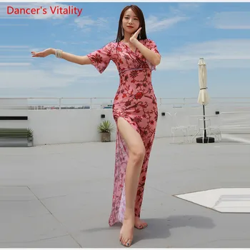 

One Piece Mesh Short Sleeve Dance Belly Dancer Practice Practice Sexy Belly Dance Competition Pink Dress