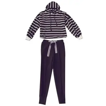 

Women Suit Long Sleeve Striped Hoodies Pencil Solid Bow Trouser Autumn Winter Japan Simple Style Girl Fashion Sets B28