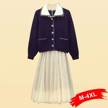 

Plus Size Hit Color Cardigans Tulle Dress 2 Pieces Sets 4xl Autumn Spring Black Knitted Peter Pan Collar Sweater+mesh Skirt Suit