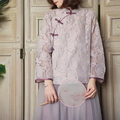 Light Purple LZJN Женская кружевная блузка весна осень женская блузка со стоячим воротником традиционное китайское Ципао Топ Qipao кружевная рубашка - Цвет: Light Purple