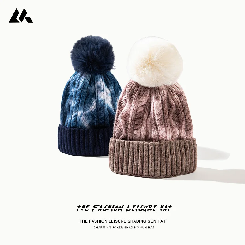 

Winter Warm Knitted Hats for Women Autumn Knit Caps With Ball Pompom Tie dye Color Accessories Wholesale Hats