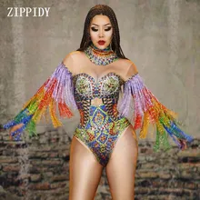 Красочные Стразы, бахрома, трико, костюм для женщин на день рождения, выпускной вечер, праздничный наряд, бар, вечернее Женское боди для танцовщицы