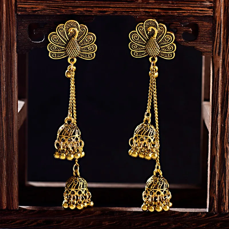 OIQUEI, антикварные, Jhumkas, бохо, этнические, золотые, животные, резные, большой колокольчик, длинные, с кисточками, висячие серьги для женщин, женские индийские цыганские украшения