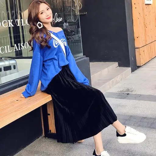 New Spring Autumn Women Solid Skirt High Waist Velvet Elastic Female Midi Skrit Loose Vintage Pleated Skirts DC698