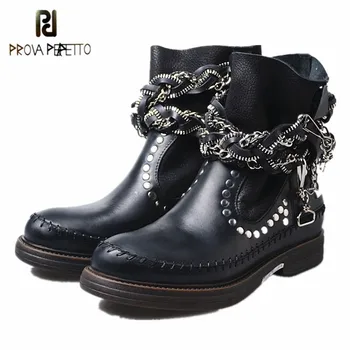 

Prova Perfetto 2020 Genuine Leather Women's Motorcycle Boot Classics Solid Color Rivet Chain Round Toe Low Heel Lady Ankle Boots