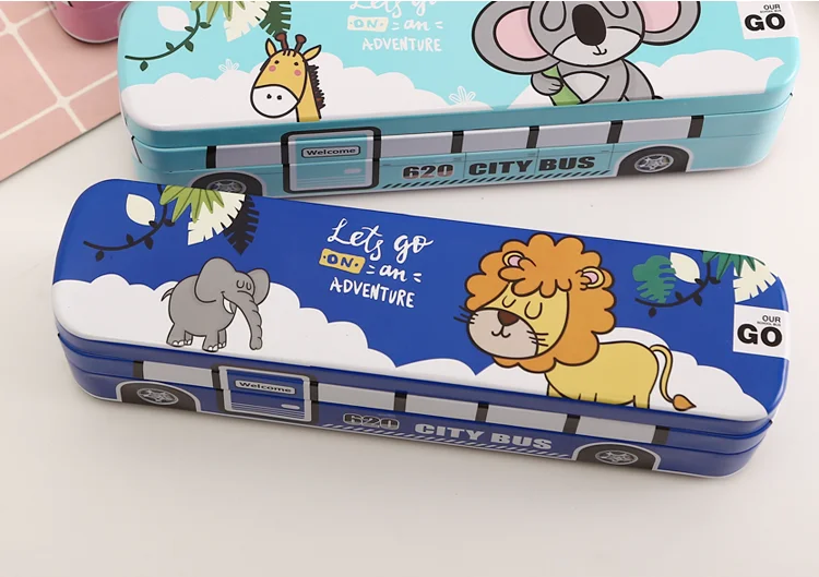 Creative bus stationery box multi-function pencil box iron box children's school supplies men and women students double-layer p