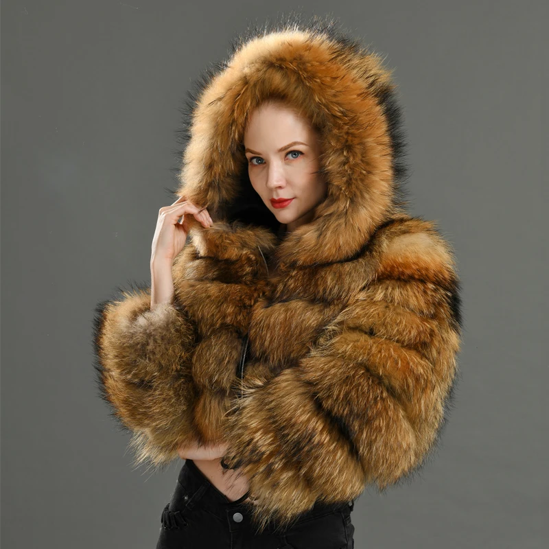 Luxury Genuine Mink Fur Coat With Raccoon Fur Collar Women Winter