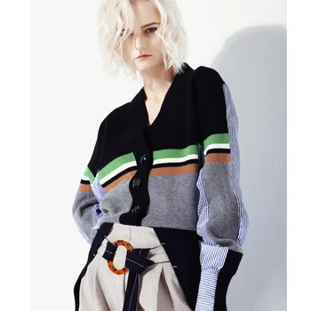 

WOMENGAGA Autumn Winter Women's Contrast Color Stitching Knitted Shirt Striped Fake Two-piece Cardigan Single-breasted A987