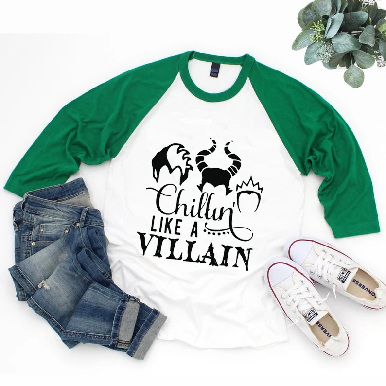 

2019 Halloween New Arrived Hipster Chillin Like A Villain Raglan Sleeve Shirt Evil Queen Witch T-shirt Cruella De Vil Tops