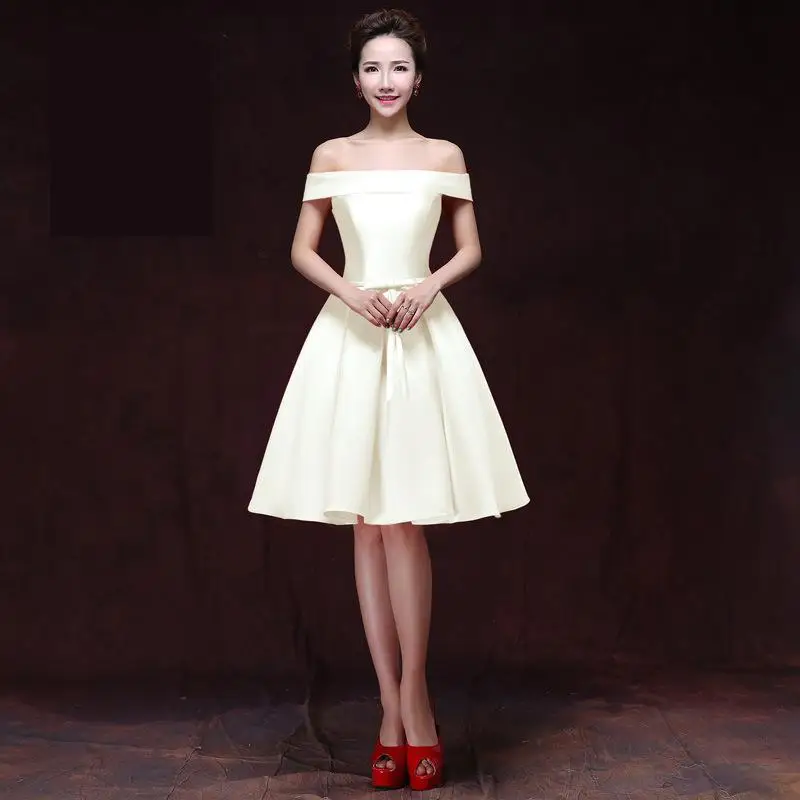 New Simple Candy Color Satin Short Bridesmaid Dress Sexy Boat Neck Off The Shoulder Lace Up Fashion Slim Cheap Party Gown