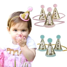 1 шт. розовые блестящие детские шапки на день рождения с помпоном, шапочка принцессы с короной, вечерние головные уборы с декором, головная повязка для новорожденных, подарки