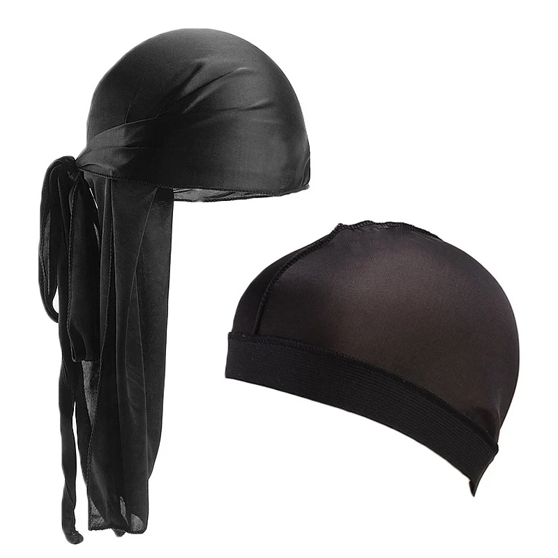 Мужская шелковистая Кепка Durag с длинным хвостом и широкими полосками однотонная