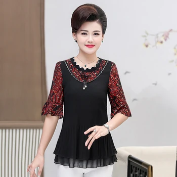 

Fake Two Pieces Women Chiffon Tops Half Sleeve Shirts Summer Pullovers 2020 New Fashion 5XL Plus Size Middle Age Mother Blouses