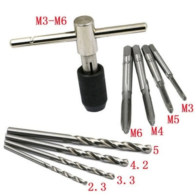 9Pcs//Set T Type Machine Hand Screw Thread Taps Reamer with Drill Bits and Wrench