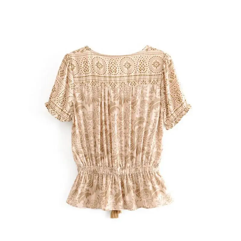 Boho шикарные летние винтажные плиссированные топы с цветочным принтом для женщин модная одежда с коротким рукавом пляжные рубашки Blusas MF0011