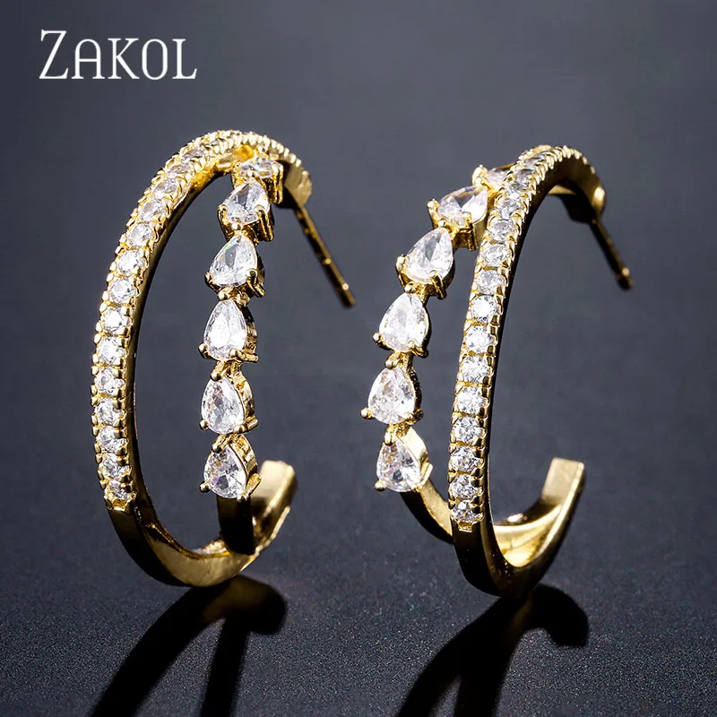 

ZAKOL Trendy AAA Teardrop Cubic Zirconia T Stone Hoop Earrings For Women Fashion Circle Bridal Wedding Accessories FSEP3057
