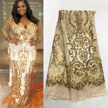 

Gold French Sequins Laces Fabrics 2019 High Quality African Lace Fabric For Wedding Nigerian Lace Material For Party 5Yards