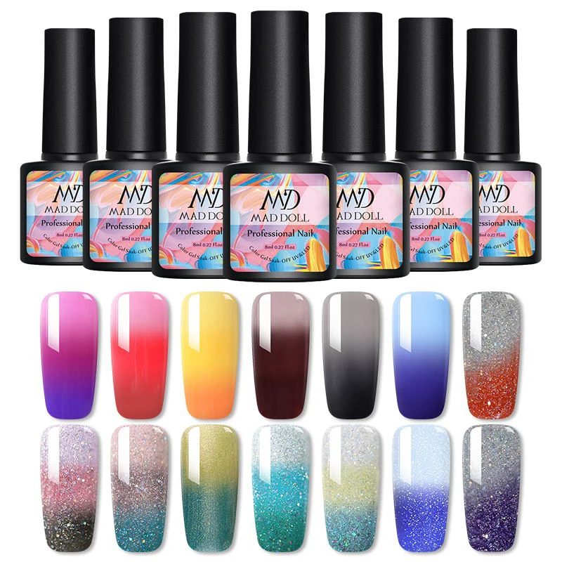 MAD DOLL 1 Bottle 8ml Gel Nail Polish Pink Gray Blue Color Changing Thermal Sequins Long Lasting UV Soak Off Gel Nail Polish