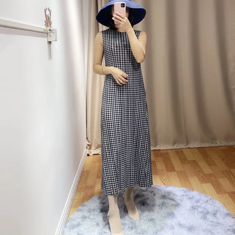 Changpleat летние новые женские платья Miyak плиссированные модные дизайнерские клетчатые тонкие платья без рукавов с круглым вырезом и эластичной талией D9