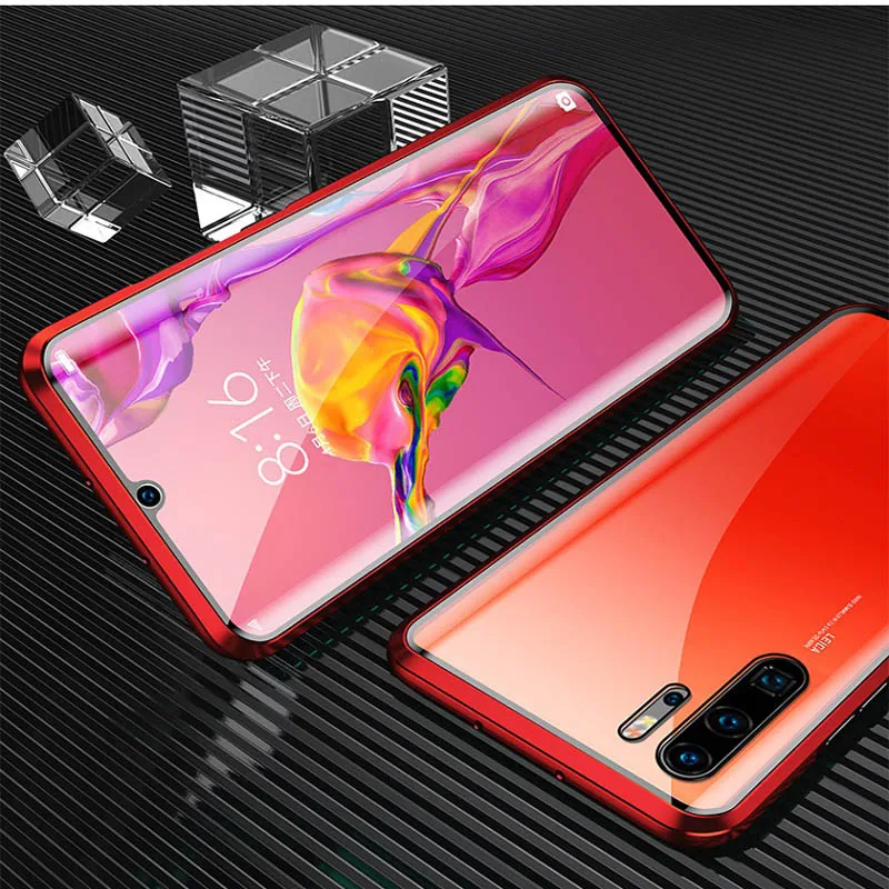Red Переднее и заднее закаленное стекло металлический магнитный чехол для huawei mate 20Pro P 30Pro изогнутое стекло 360 ° защитный чехол - Цвет: Red