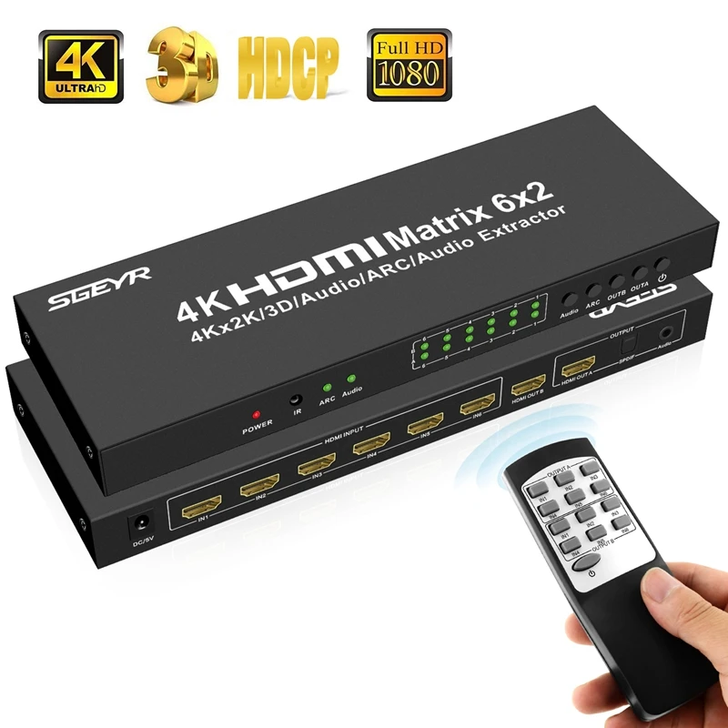 SGEYR HDMI матрица 4x2 6x2 Переключатель Splitter 4 в/6 в 2 с SPDIF + 3,5 мм аудио экстрактор к x 2 к/30 Гц с дистанционное управление