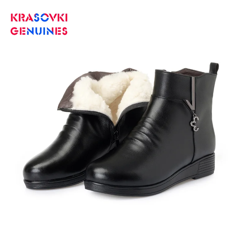 Krasovki/женские зимние ботинки из натуральной шерсти Теплая обувь кожи на меху