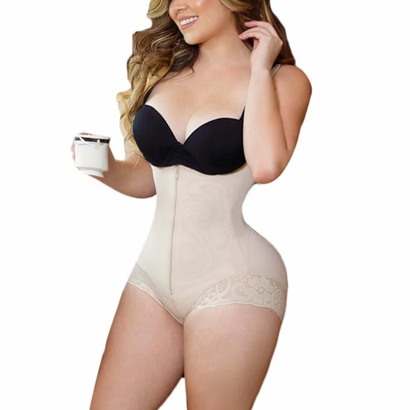 Women Shapewear Skims Bodysuit Straps Tummy Control Waist Trainer Cincher Zipper Body Shaper Lace Fajas Reductoras Y Model