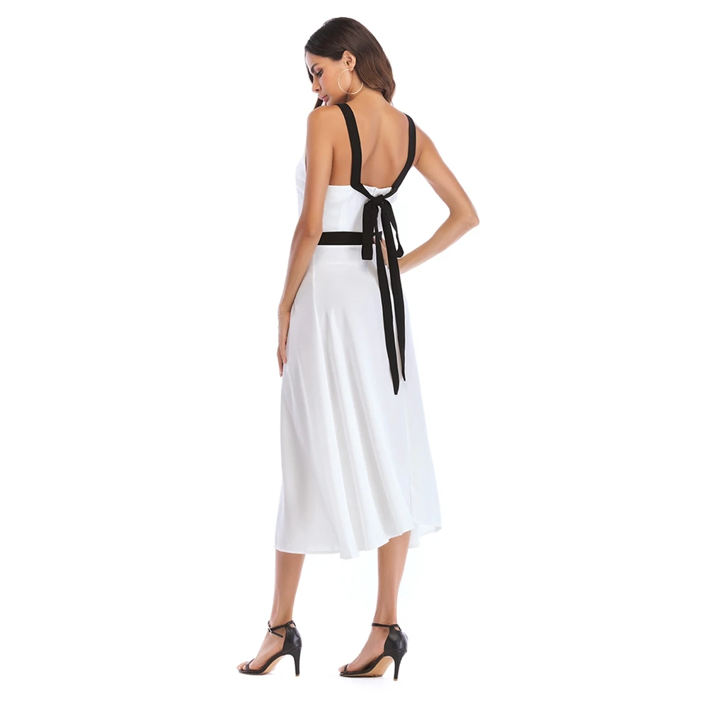 Летнее элегантное женское платье черно белое длинное Бандажное Без рукавов с
