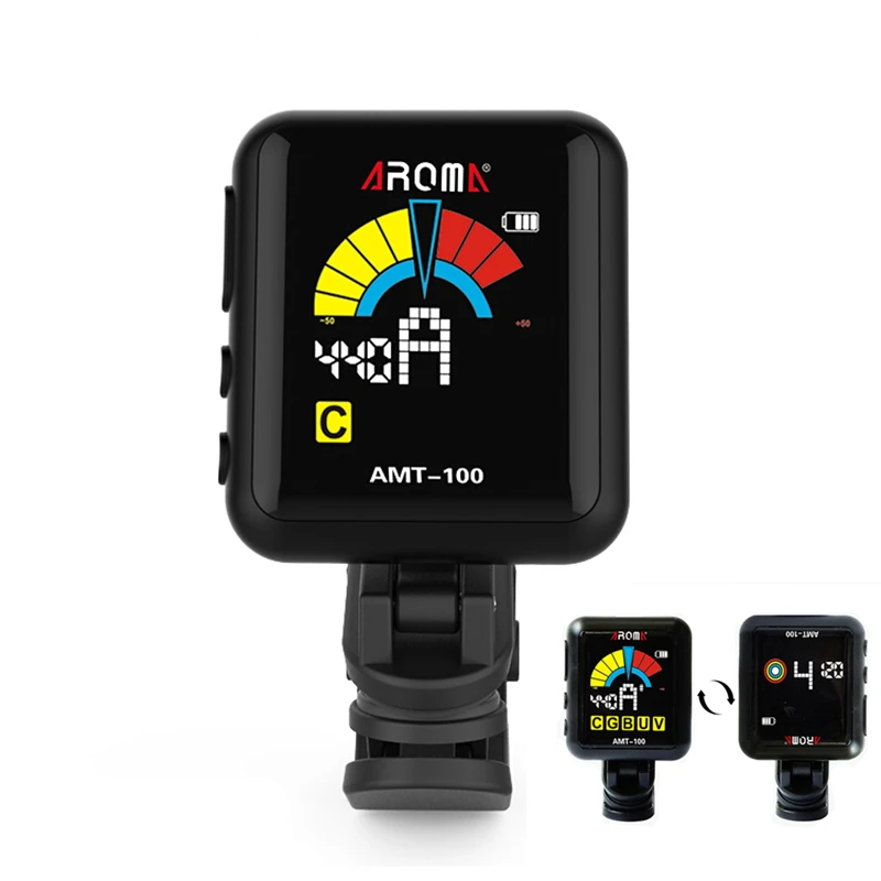 AROMA AMT-100 Clip-on Electric Guitar Tuner Metronome 2 in 1 with Built-in Battery USB Cable for Guitar /Bass /Ukulele/ Violin